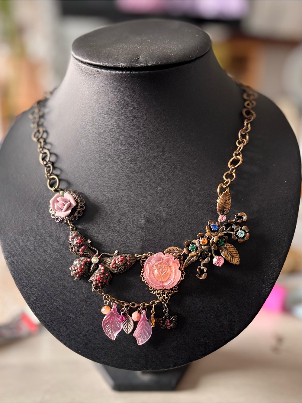 Handcrafted Pink Floral & Butterfly Statement Necklace